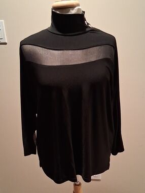 Anne Klein Black Long Sleeve Top with Sheer Yoke and Mock Neck